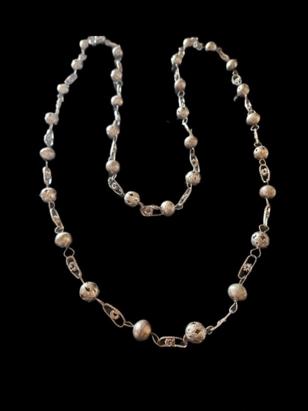 Vintage Mexican Wedding Lasso Necklace 60" Long Filigree Hollow Bead Silver Tone